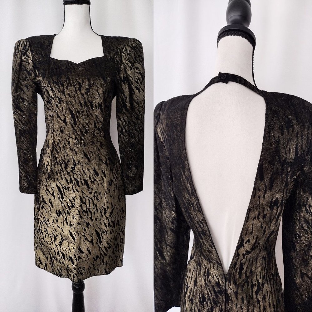 Vintage 80s/90s RARE Leather Suede Gold Metallic Open Back Sheath Dress